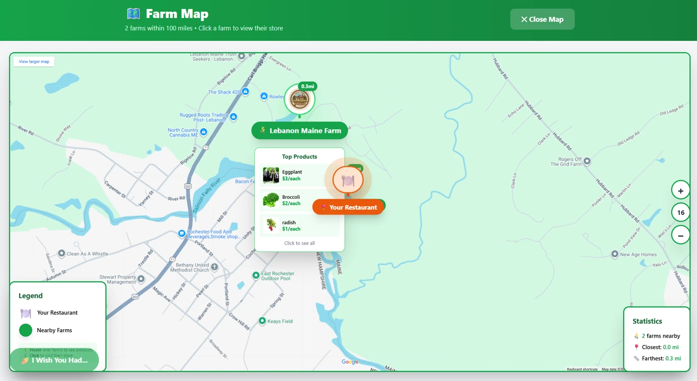 LiveStalks map view showing local farms available for direct ordering in Maine and NH
