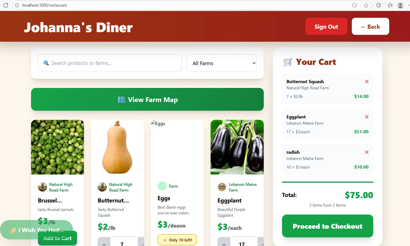 LiveStalks marketplace — chef browsing local farm listings in Maine and New Hampshire