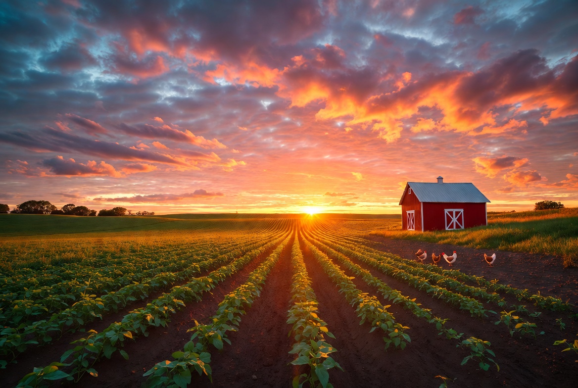 Sunlit red barn and green farmland in Southern Maine, home to LiveStalks partner farms