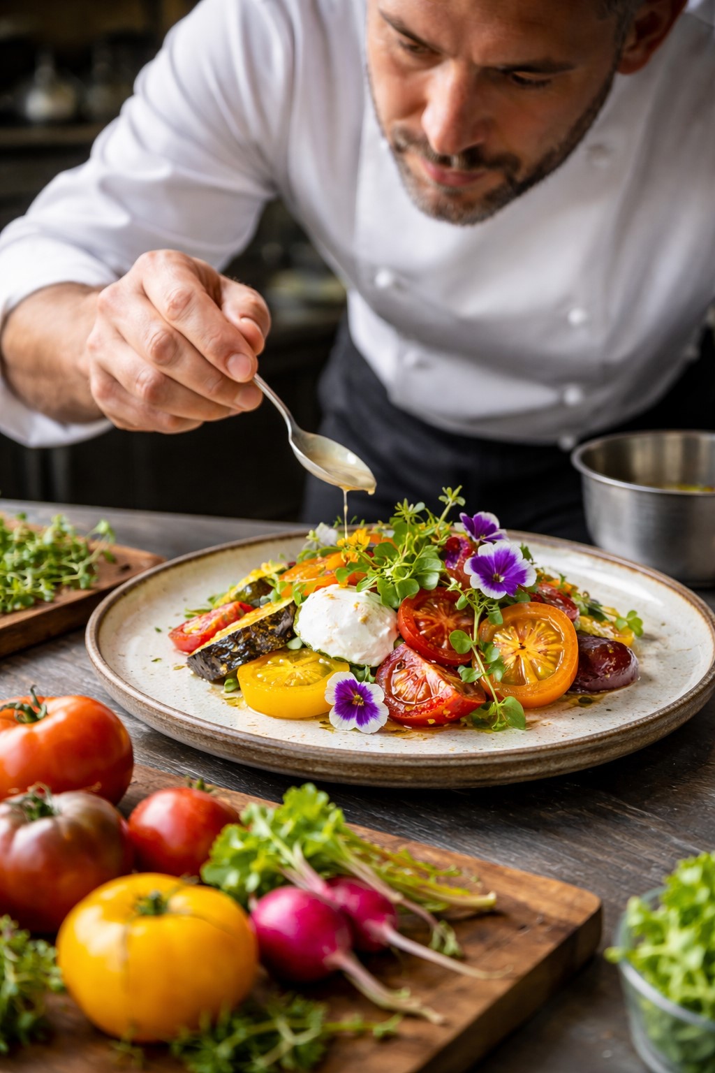 Chef plating a farm-to-table dish with local Maine vegetables