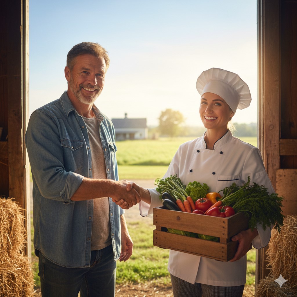 Farmer and chef shaking hands at a local farm in Maine