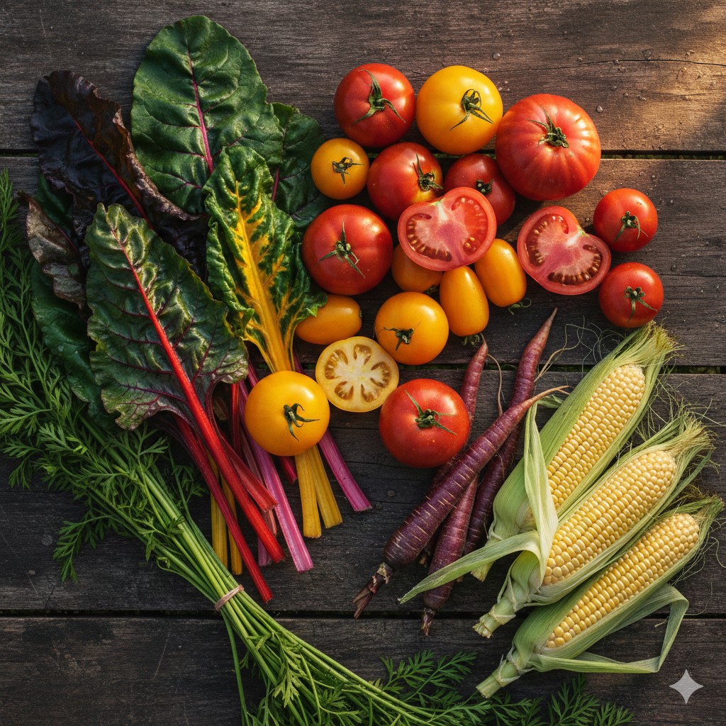 Fresh locally harvested vegetables at a Maine farmstand
