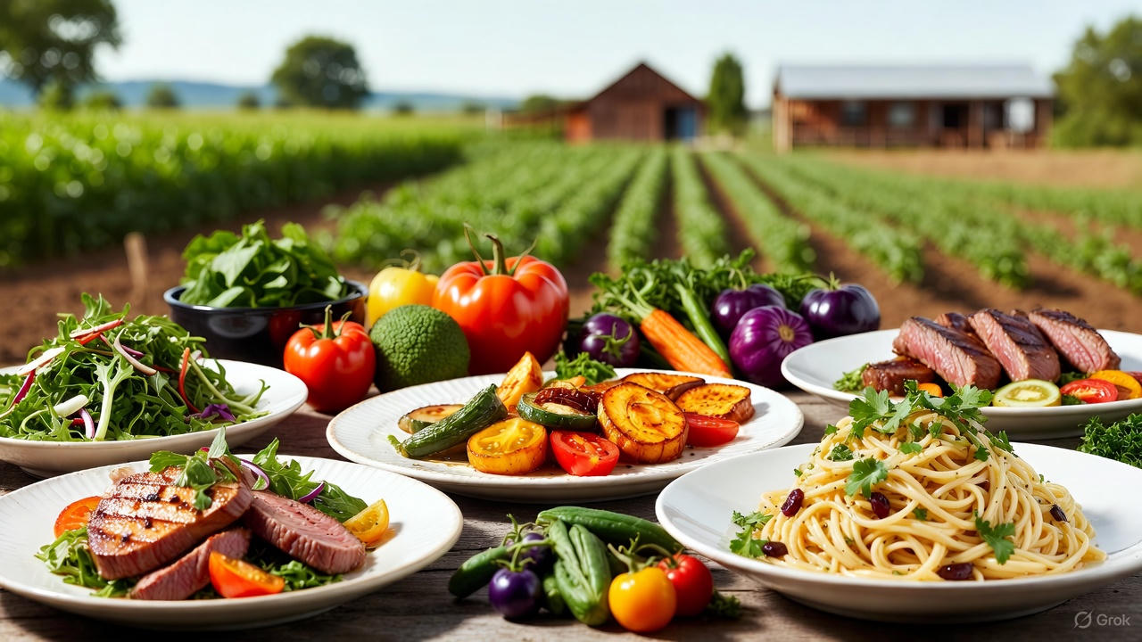 Fresh farm produce plated for a restaurant with pastoral NH farmland in background