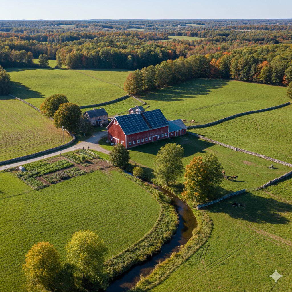 Aerial view of a sustainable family farm in Southern Maine
