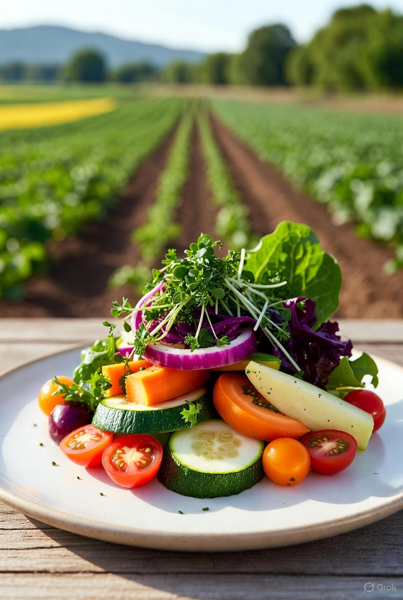 A beautifully plated dish featuring local produce from a Maine farm — the chain complete